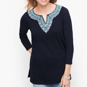 Talbots Navy Embroidered Split Neck 3/4 Sleeve Top Women’s Size Medium